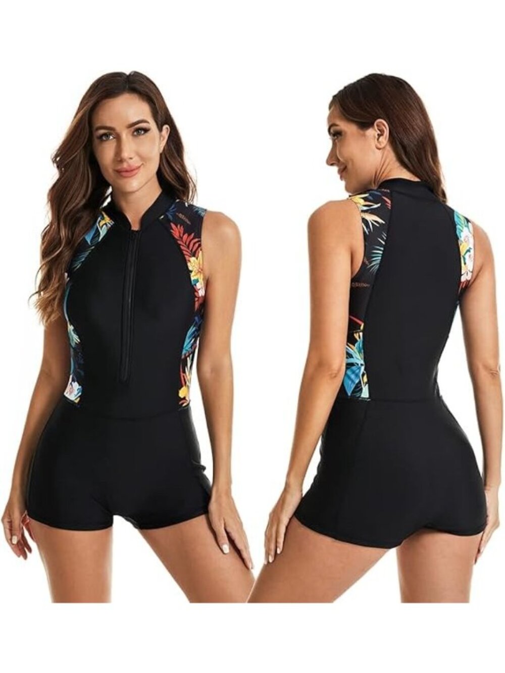 Lafykoly Size Medium Swimsuit Shorty Black Front Zipper Floral Side Panels - Picture 4 of 8